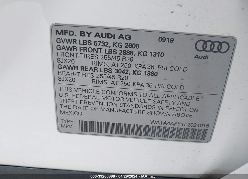 2020 AUDI SQ5 PREMIUM TFSI QUATTRO TIPTRONIC VIN: WA1A4AFY1L2024015
