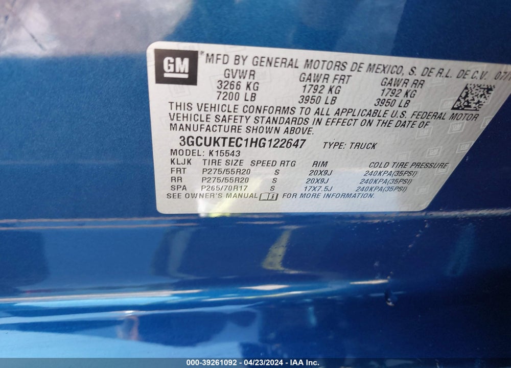 2017 CHEVROLET SILVERADO 1500 HIGH COUNTRY VIN: 3GCUKTEC1HG122647
