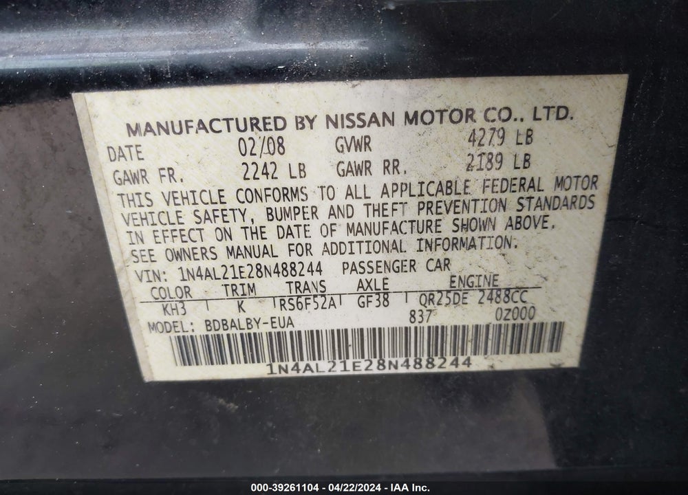 2008 NISSAN ALTIMA 2.5 S VIN: 1N4AL21E28N488244