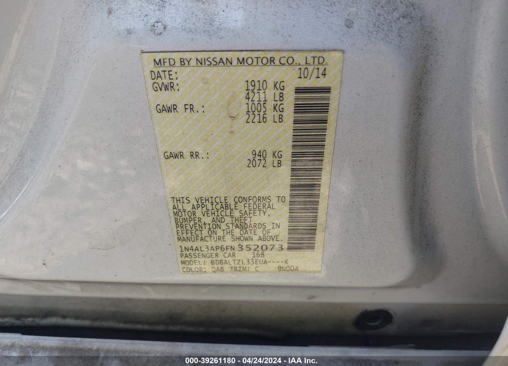2015 NISSAN ALTIMA 2.5 SL VIN: 1N4AL3AP6FN352073