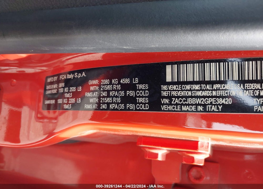 2016 JEEP RENEGADE LATITUDE VIN: ZACCJBBW2GPE38420