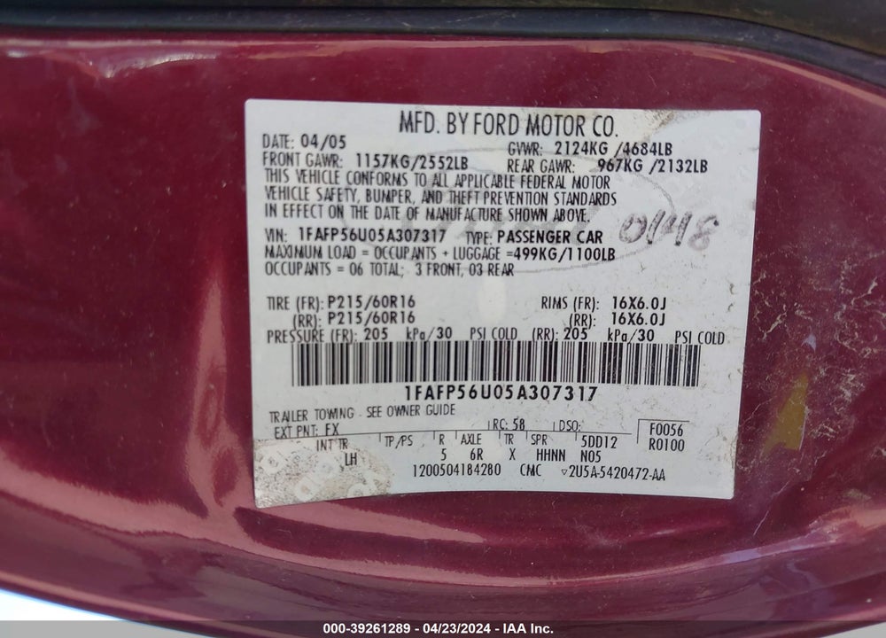 2005 FORD TAURUS SEL VIN: 1FAFP56U05A307317
