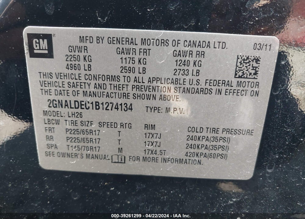 2011 CHEVROLET EQUINOX 1LT VIN: 2GNALDEC1B1274134