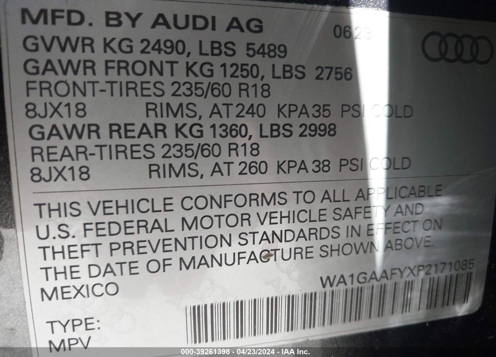2023 AUDI Q5 PREMIUM 45 TFSI S LINE QUATTRO VIN: WA1GAAFYXP2171085