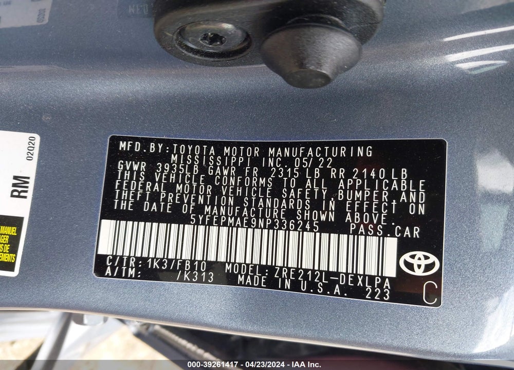 2022 TOYOTA COROLLA LE VIN: 5YFEPMAE9NP336245