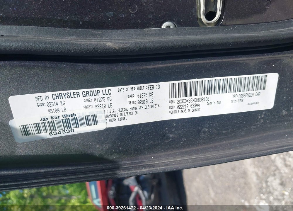 2013 DODGE CHARGER SE VIN: 2C3CDXBGXDH638198