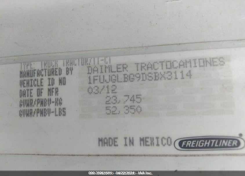 2013 FREIGHTLINER CASCADIA 125 VIN: 1FUJGLBG9DSBX3114