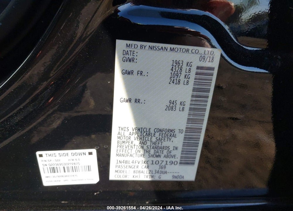 2019 NISSAN ALTIMA 2.5 PLATINUM VIN: 1N4BL4FV3KC107190