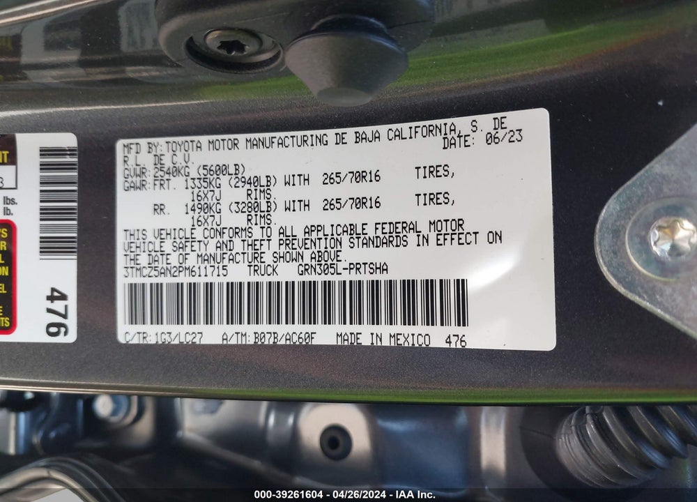 2023 TOYOTA TACOMA TRD OFF ROAD VIN: 3TMCZ5AN2PM611715