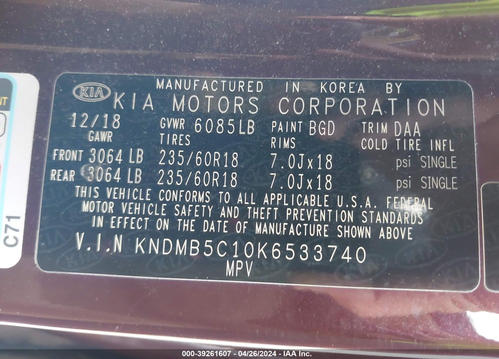 2019 KIA SEDONA EX VIN: KNDMB5C10K6533740
