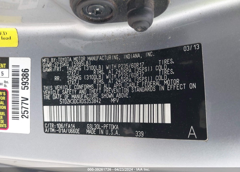 2013 TOYOTA SIENNA L V6 7 PASSENGER VIN: 5TDZK3DCXDS353842