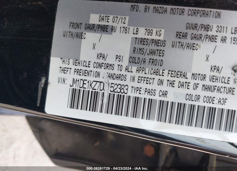 2013 MAZDA 2 SPORT VIN: JM1DE1KZ7D0152383