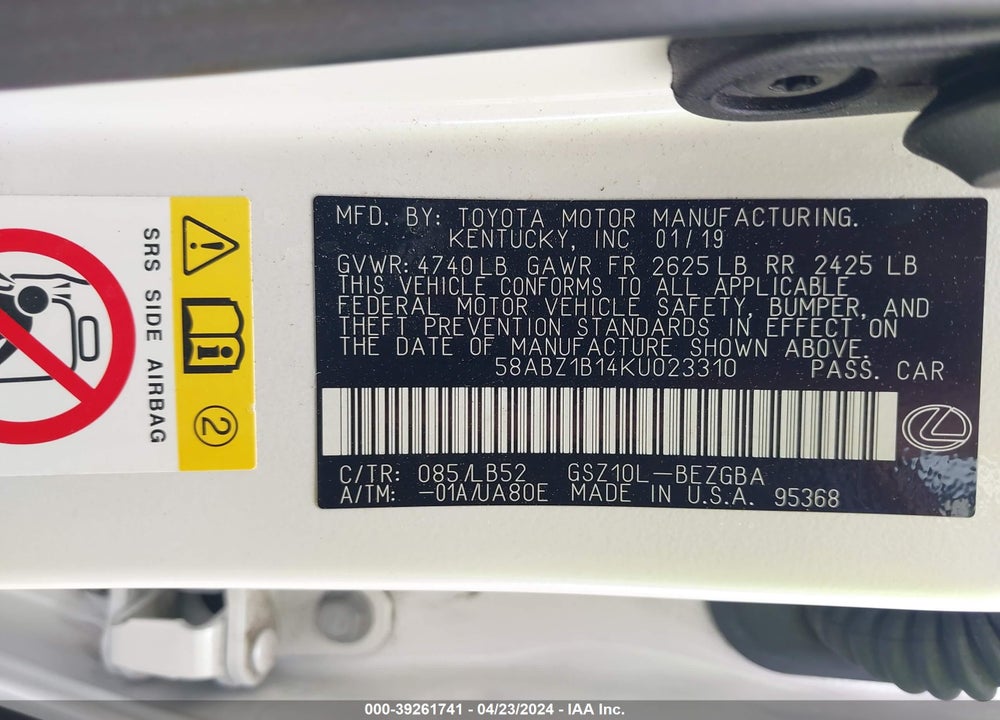 2019 LEXUS ES 350 LUXURY VIN: 58ABZ1B14KU023310