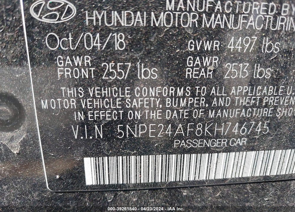 2019 HYUNDAI SONATA SE VIN: 5NPE24AF8KH746745