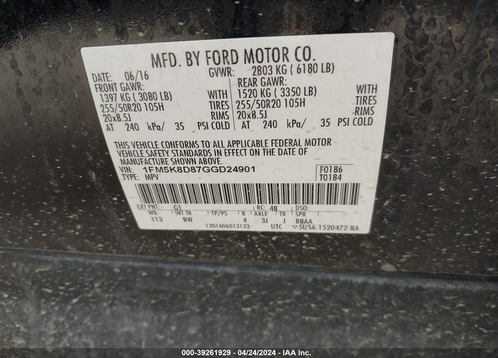 2016 FORD EXPLORER XLT VIN: 1FM5K8D87GGD24901
