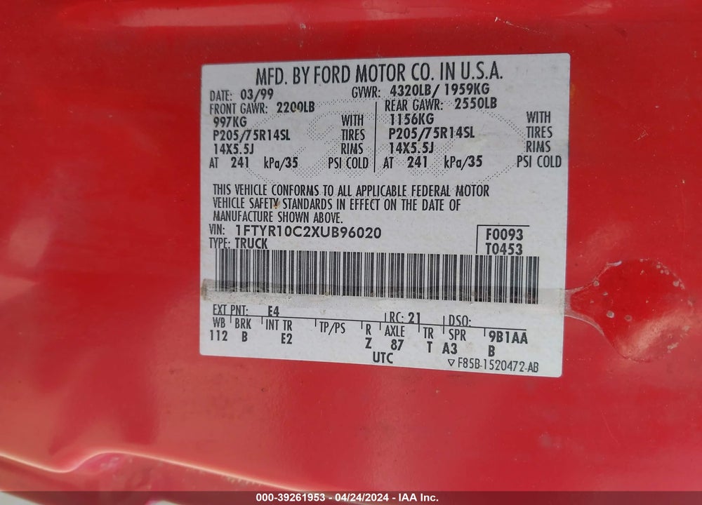 1999 FORD RANGER XL/XLT VIN: 1FTYR10C2XUB96020