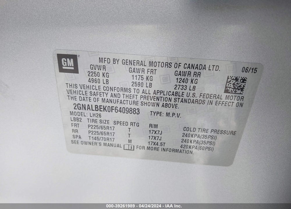 2015 CHEVROLET EQUINOX 1LT VIN: 2GNALBEK0F6409883