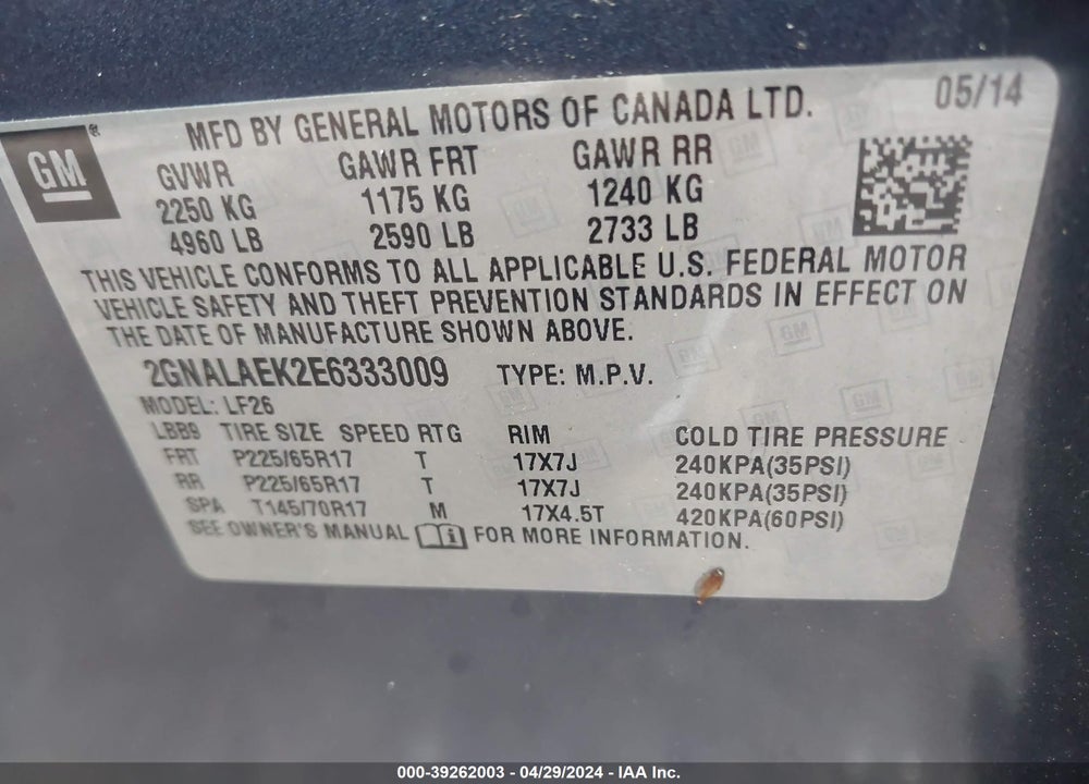 2014 CHEVROLET EQUINOX LS VIN: 2GNALAEK2E6333009