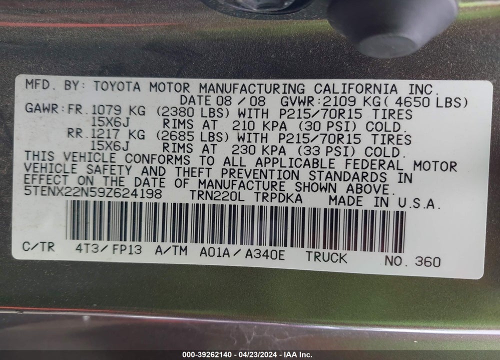 2009 TOYOTA TACOMA VIN: 5TENX22N59Z624198