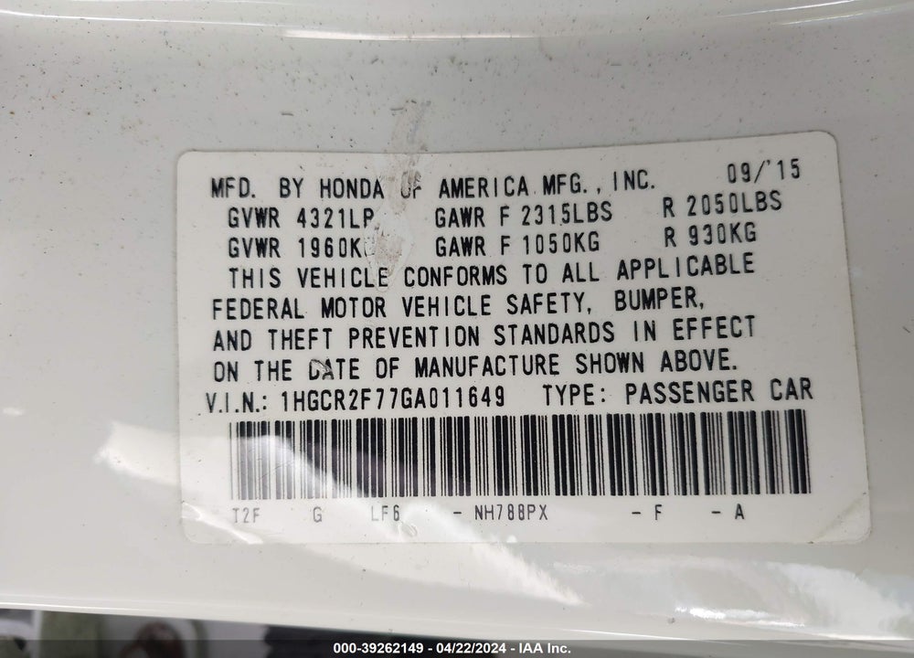 2016 HONDA ACCORD EX VIN: 1HGCR2F77GA011649