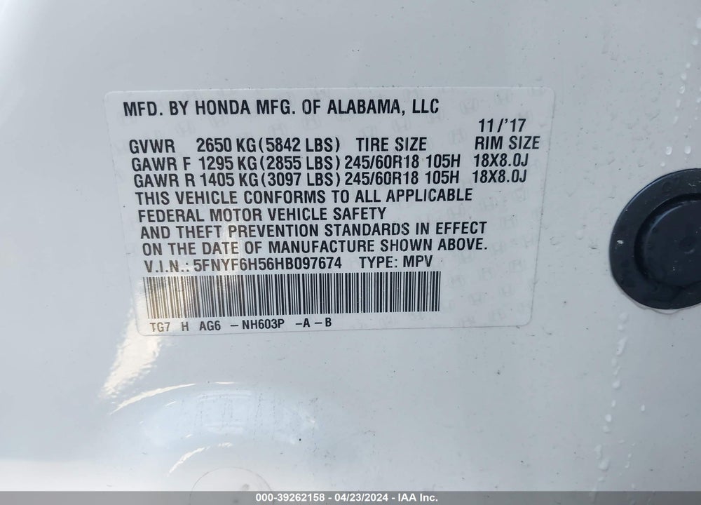 2017 HONDA PILOT EX-L VIN: 5FNYF6H56HB097674