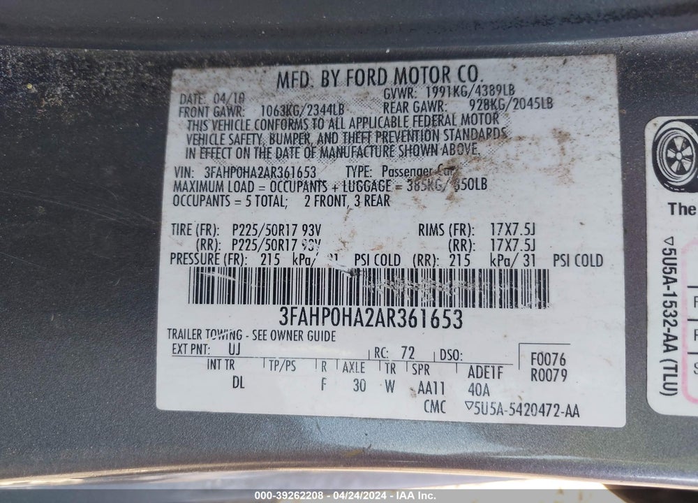 2010 FORD FUSION SE VIN: 3FAHP0HA2AR361653