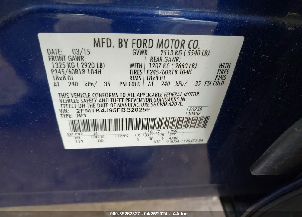 2015 FORD EDGE SEL VIN: 2FMTK4J95FBB20259