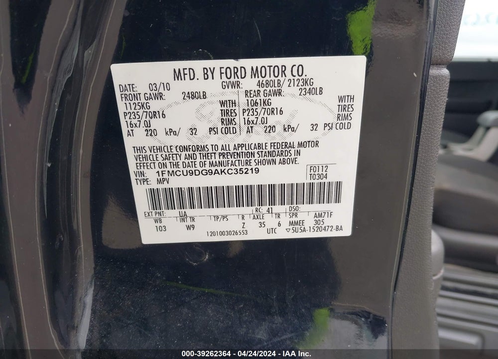 2010 FORD ESCAPE XLT VIN: 1FMCU9DG9AKC35219