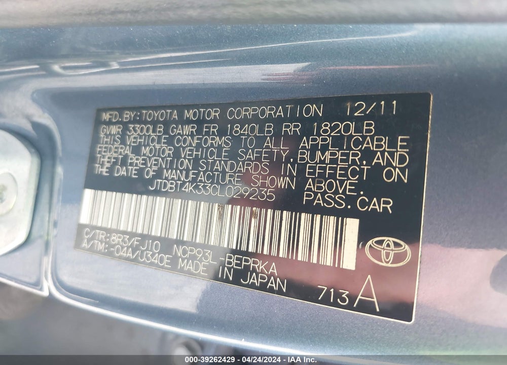 2012 TOYOTA YARIS VIN: JTDBT4K33CL029235