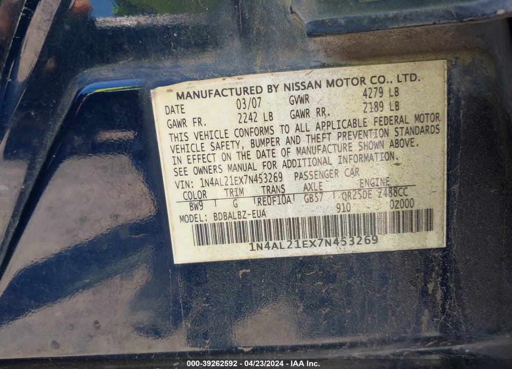 2007 NISSAN ALTIMA 2.5 S VIN: 1N4AL21EX7N453269
