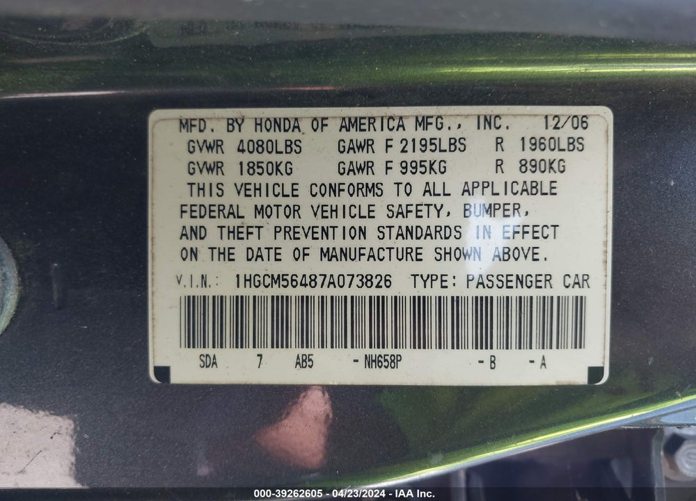 2007 HONDA ACCORD 2.4 LX VIN: 1HGCM56487A073826