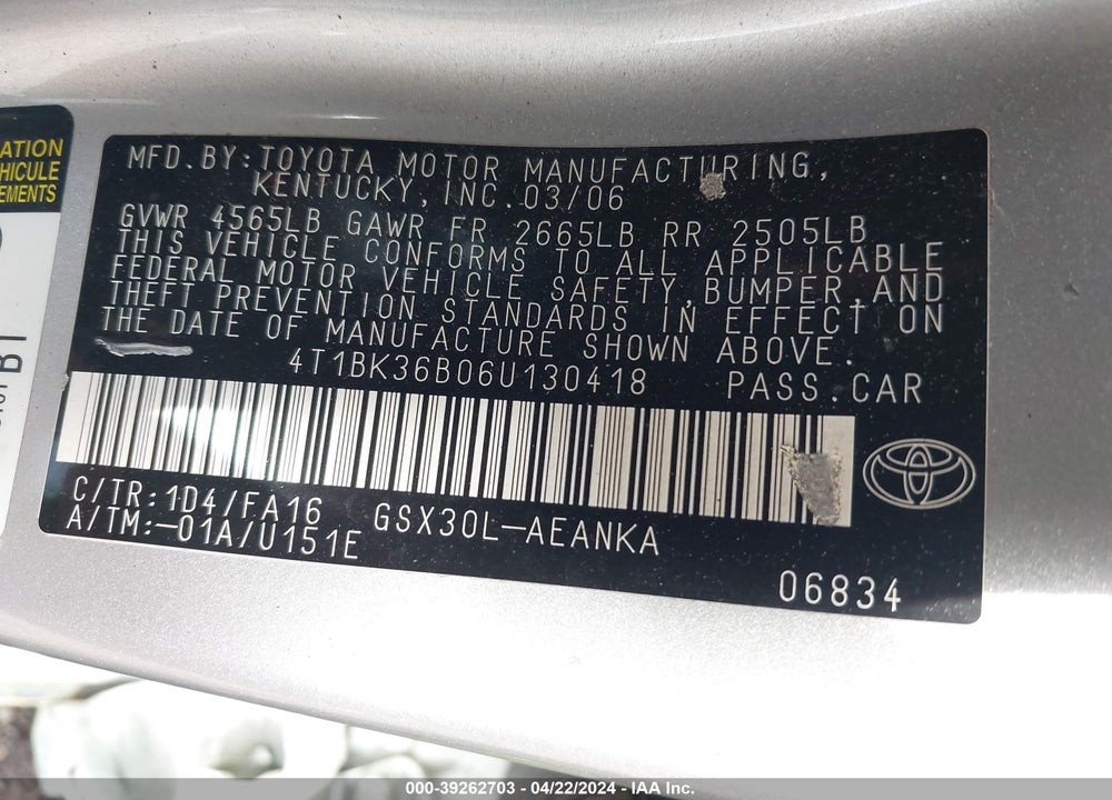2006 TOYOTA AVALON XL VIN: 4T1BK36B06U130418