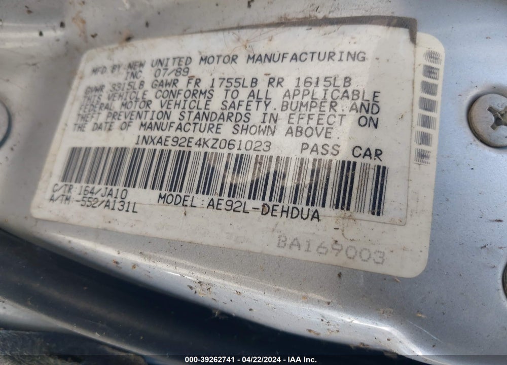 1989 TOYOTA COROLLA DLX VIN: 1NXAE92E4KZ061023