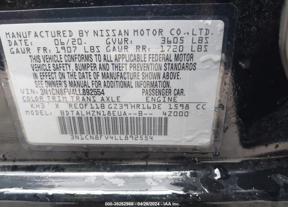 2020 NISSAN VERSA SR XTRONIC CVT VIN: 3N1CN8FV4LL892554