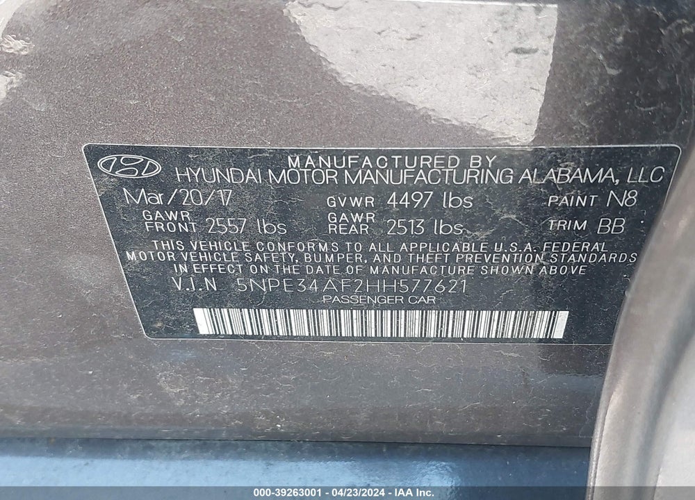 2017 HYUNDAI SONATA LIMITED VIN: 5NPE34AF2HH577621