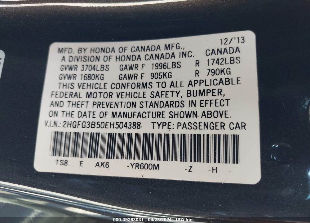 2014 HONDA CIVIC LX VIN: 2HGFG3B50EH504388
