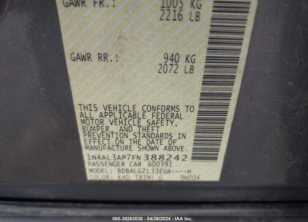 2015 NISSAN ALTIMA 2.5 S VIN: 1N4AL3AP7FN388242
