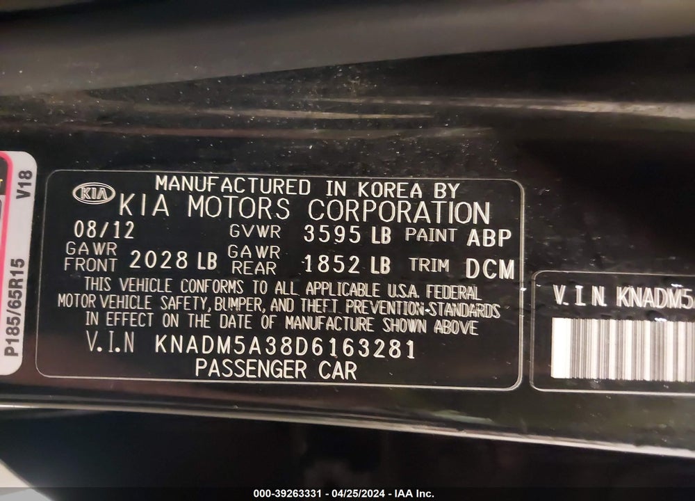 2013 KIA RIO LX VIN: KNADM5A38D6163281