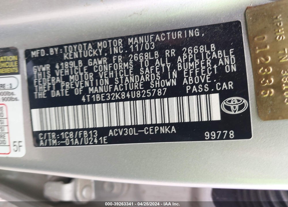 2004 TOYOTA CAMRY LE VIN: 4T1BE32K84U825787