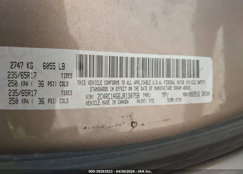 2018 CHRYSLER PACIFICA L VIN: 2C4RC1AG6JR130758