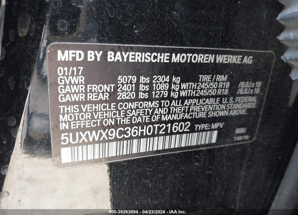 2017 BMW X3 XDRIVE28I VIN: 5UXWX9C36H0T21602