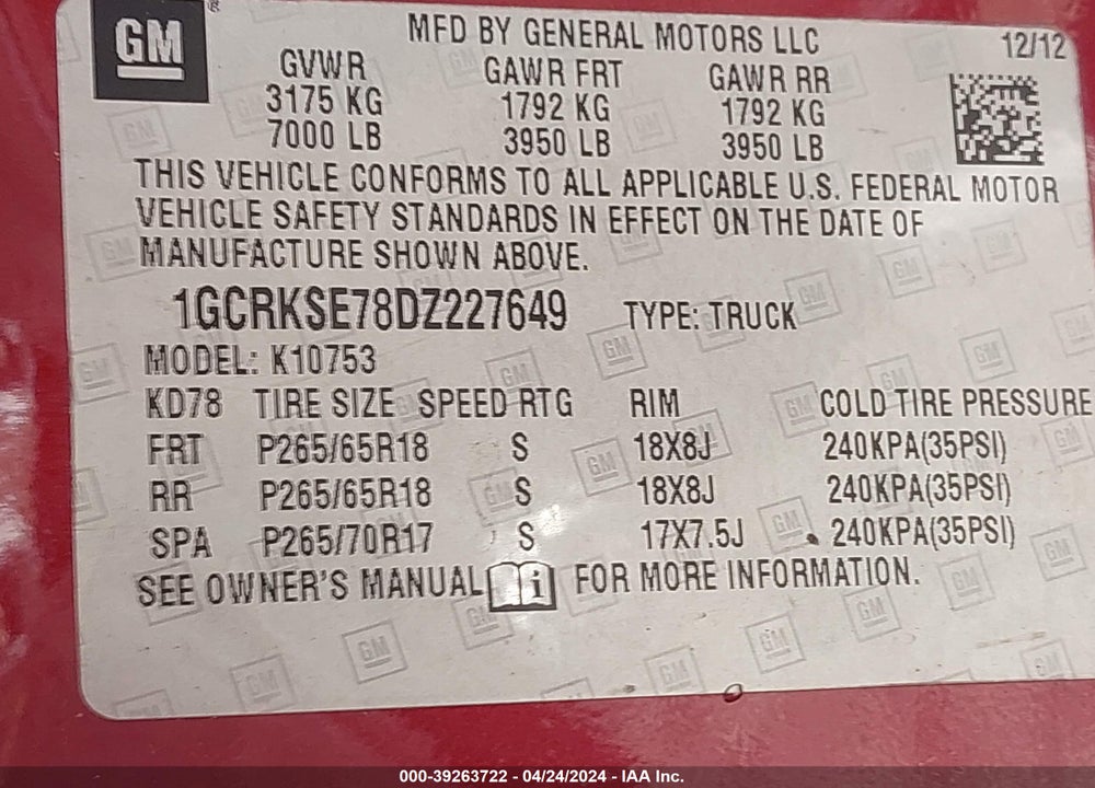 2013 CHEVROLET SILVERADO 1500 LT VIN: 1GCRKSE78DZ227649