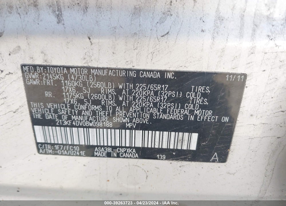 2011 TOYOTA RAV4 VIN: 2T3KF4DV0BW098188