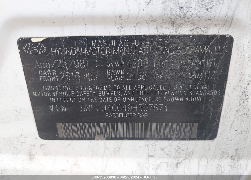 2009 HYUNDAI SONATA LIMITED VIN: 5NPEU46C49H507874
