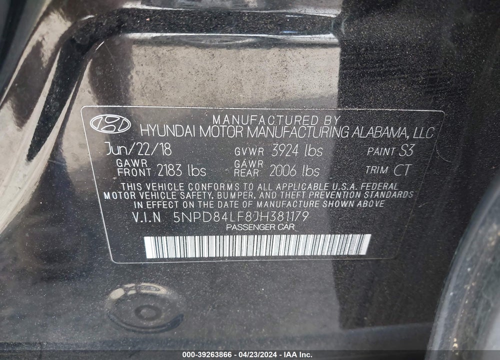 2018 HYUNDAI ELANTRA SEL VIN: 5NPD84LF8JH381179