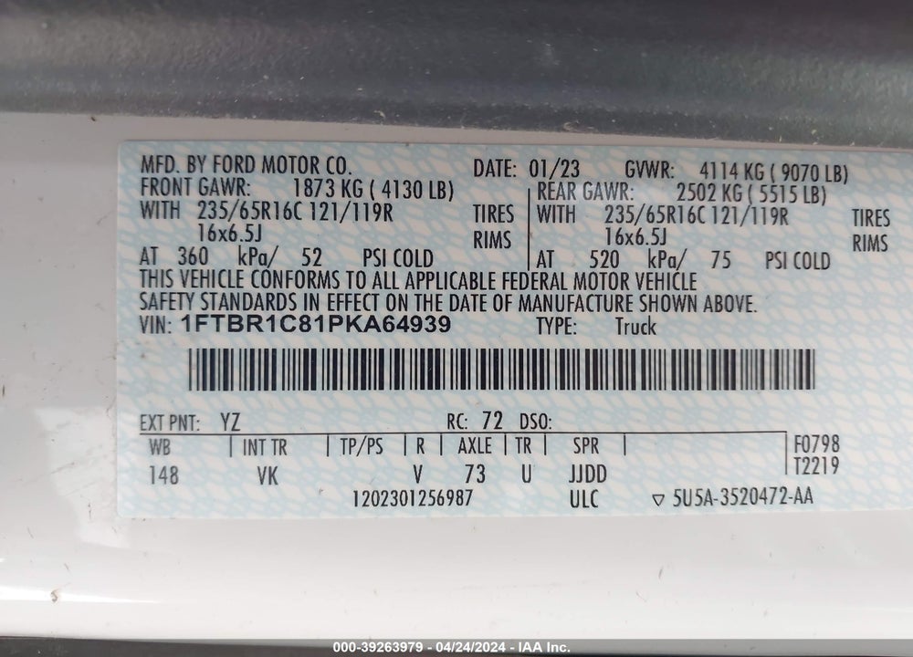 2023 FORD TRANSIT-250 VIN: 1FTBR1C81PKA64939