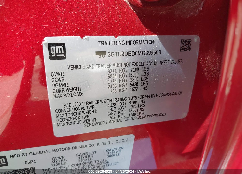 2021 GMC SIERRA 1500 4WD SHORT BOX SLT VIN: 3GTU9DED0MG399553