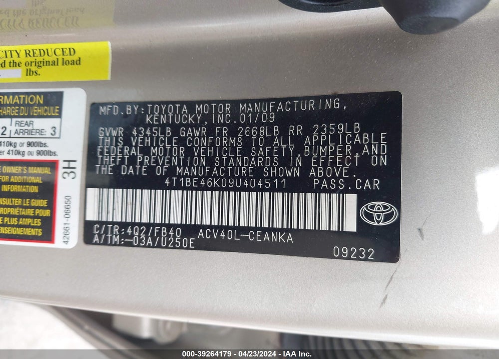 2009 TOYOTA CAMRY LE VIN: 4T1BE46K09U404511