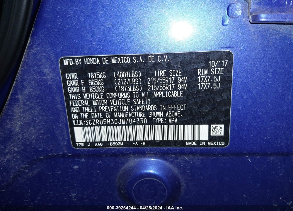 2018 HONDA HR-V LX VIN: 3CZRU5H30JM704330