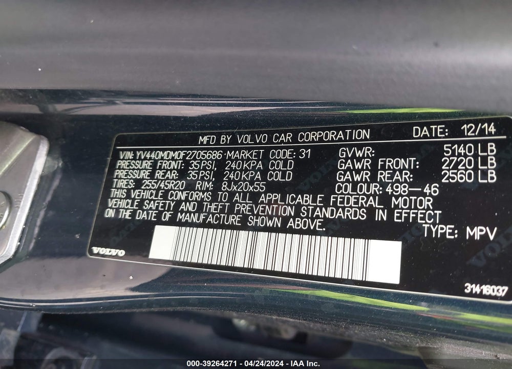 2015 VOLVO XC60 VIN: YV440MDM0F2705686